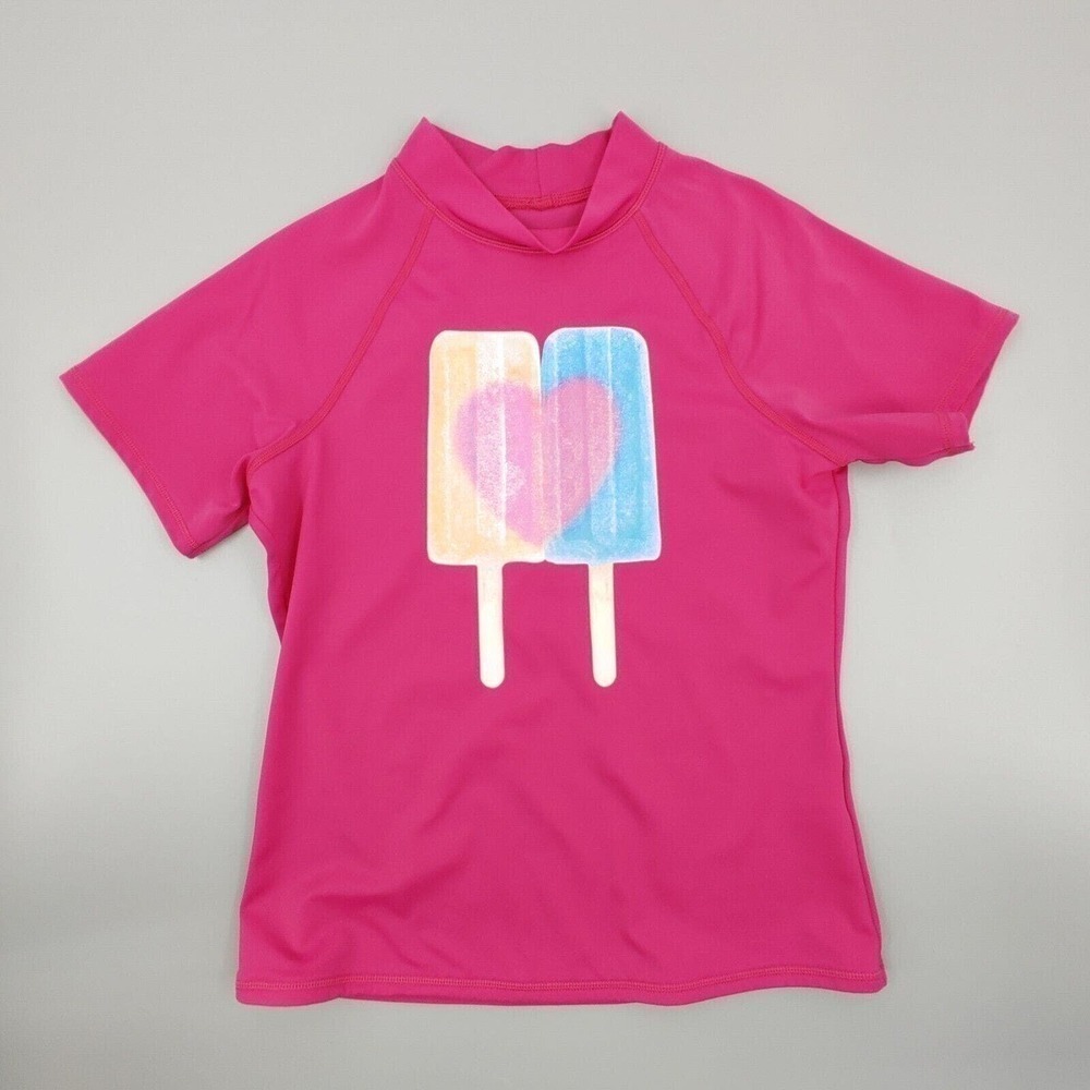 Lands End Rash Guard Shirt Girls Large Hot Pink Heart‎ Popsicle Print Lined Swim